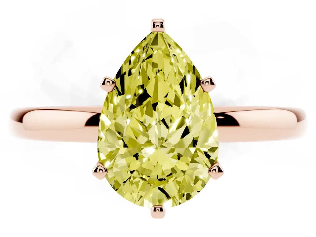 Fancy Yellow Pear Cut Solitaire Diamond Ring with Six-Prong Setting on a Classic Band Rose gold