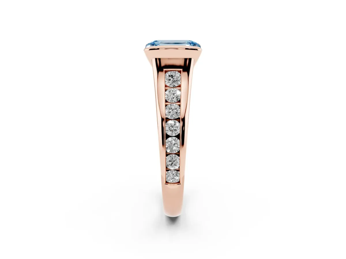 Fancy Blue Emerald Cut Solitaire Bezel-Set Diamond Ring with Channel-Set Band Rose gold