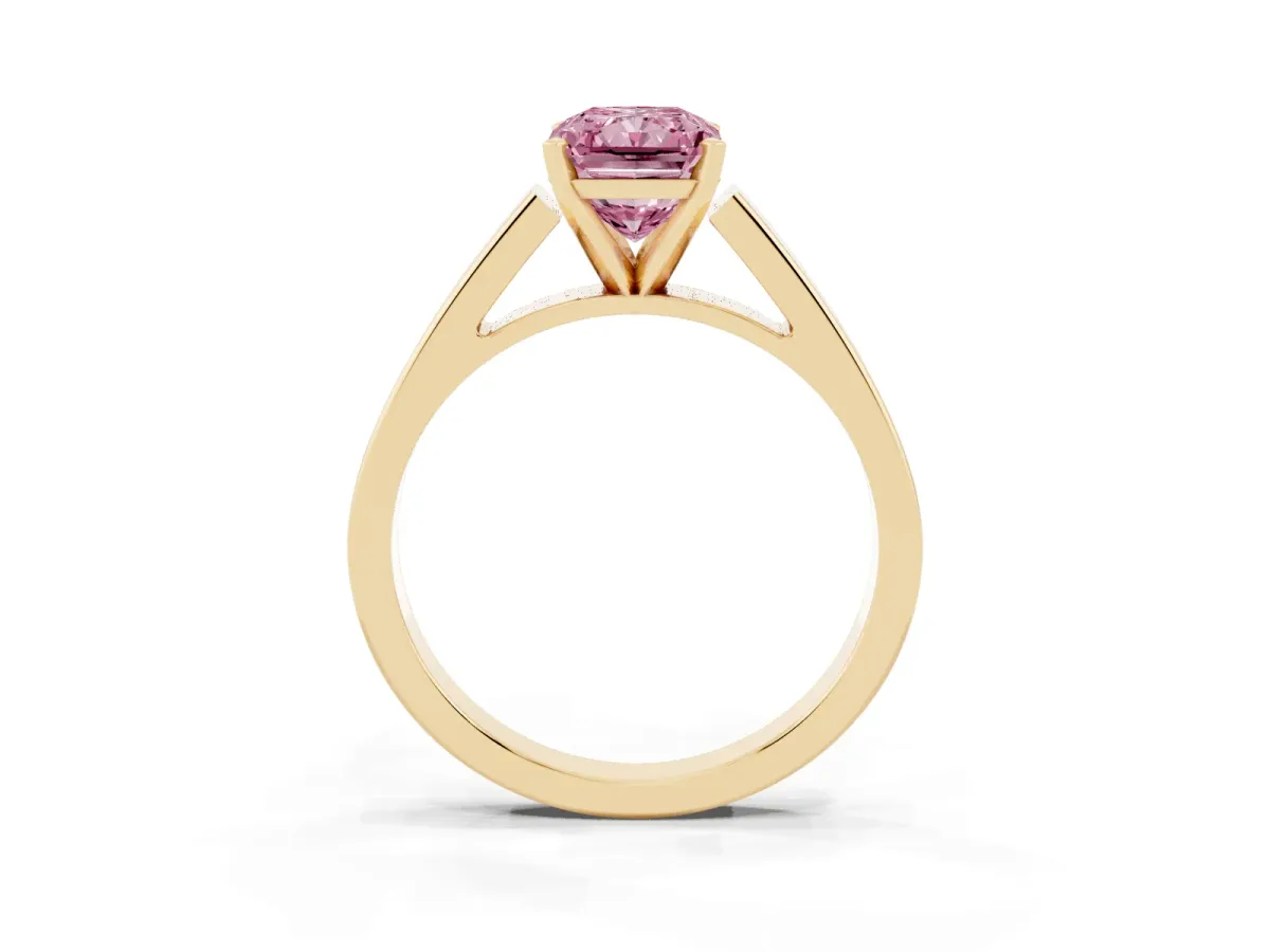 Fancy Pink Radiant Cut Solitaire Engagement Ring with Four-Prong Setting and Tapered Band Yellow gold