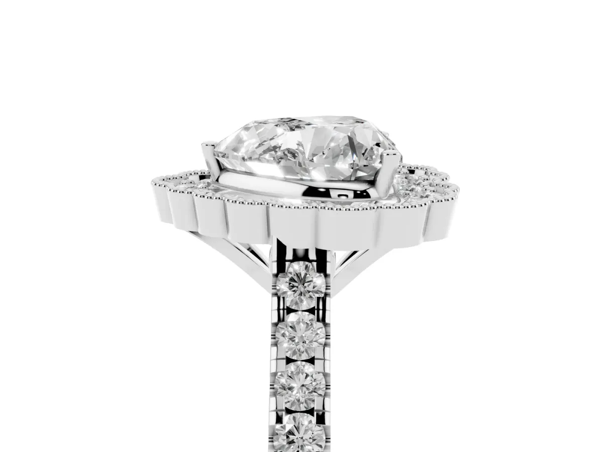 Heart Cut Cut Diamond Milgrain Floral Halo Engagement Ring with Pavé Band Silver