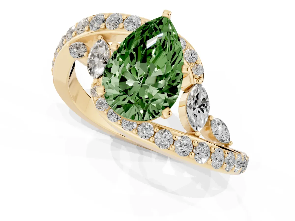 Fancy Green Pear Cut Solitaire with Pavé Twist Band and Four-Prong Setting Yellow gold
