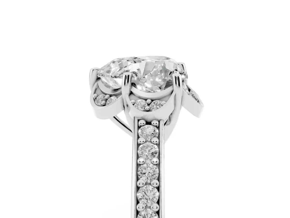 Heart Cut Cut Halo Diamond Ring with Channel Set Band and Four-Prong Setting White gold