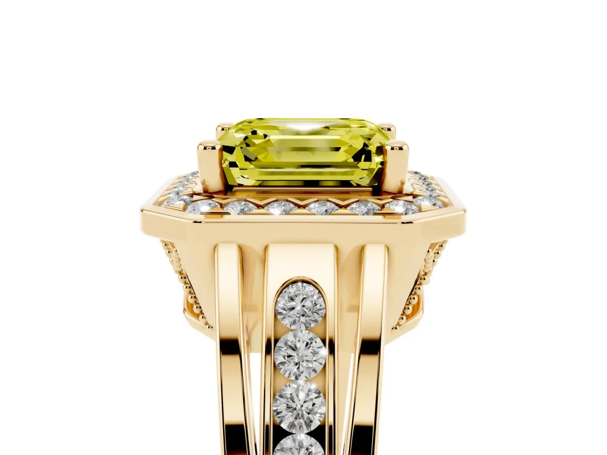 Fancy Yellow Asscher Cut Diamond Halo Ring with Split Shank and Bezel Accents and Prong Setting Yellow gold