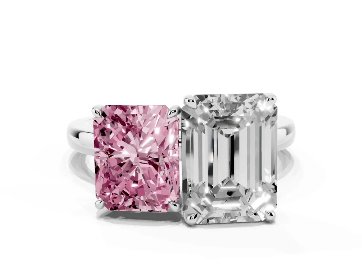 Fancy Pink Radiant Cut and Emerald Cut Toi Moi Ring with Prong Setting Silver