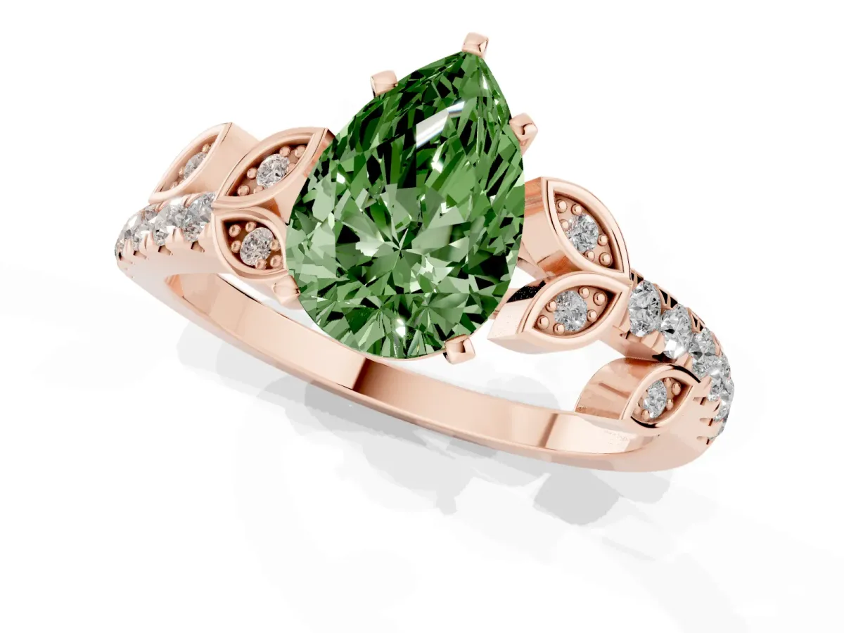 Fancy Green Pear Cut Solitaire Leaf-Inspired Diamond Ring with Pavé Band and Four-Prong Setting Rose gold