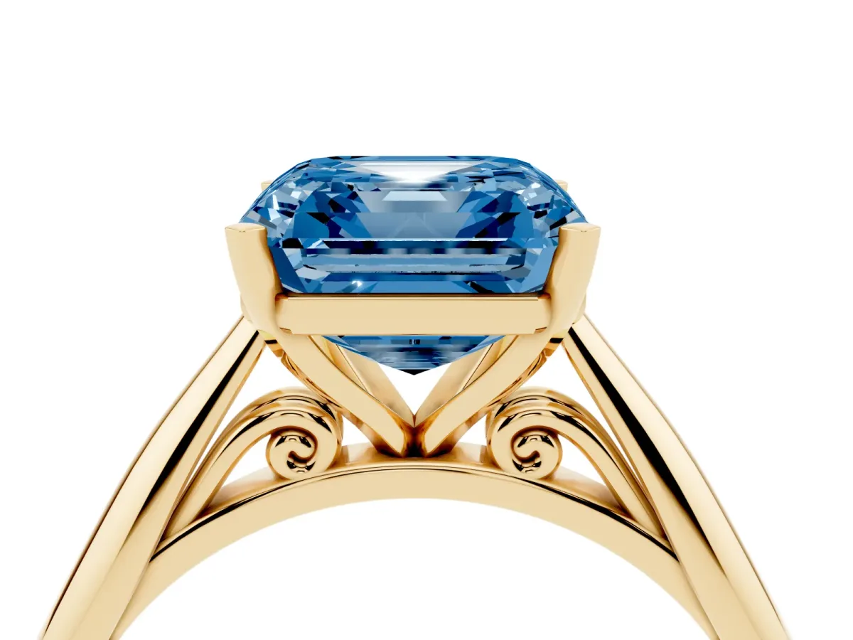 Fancy Blue Asscher Cut Diamond Solitaire Engagement Ring with Cathedral Setting and Four-Prong Mount Yellow gold