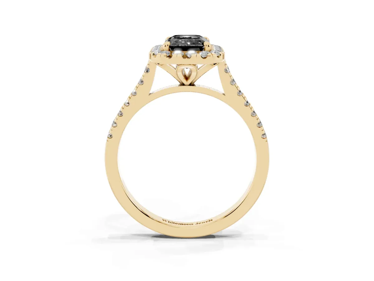 Fancy Black Emerald Cut Diamond Cushion Halo Ring with Pavé Band Yellow gold