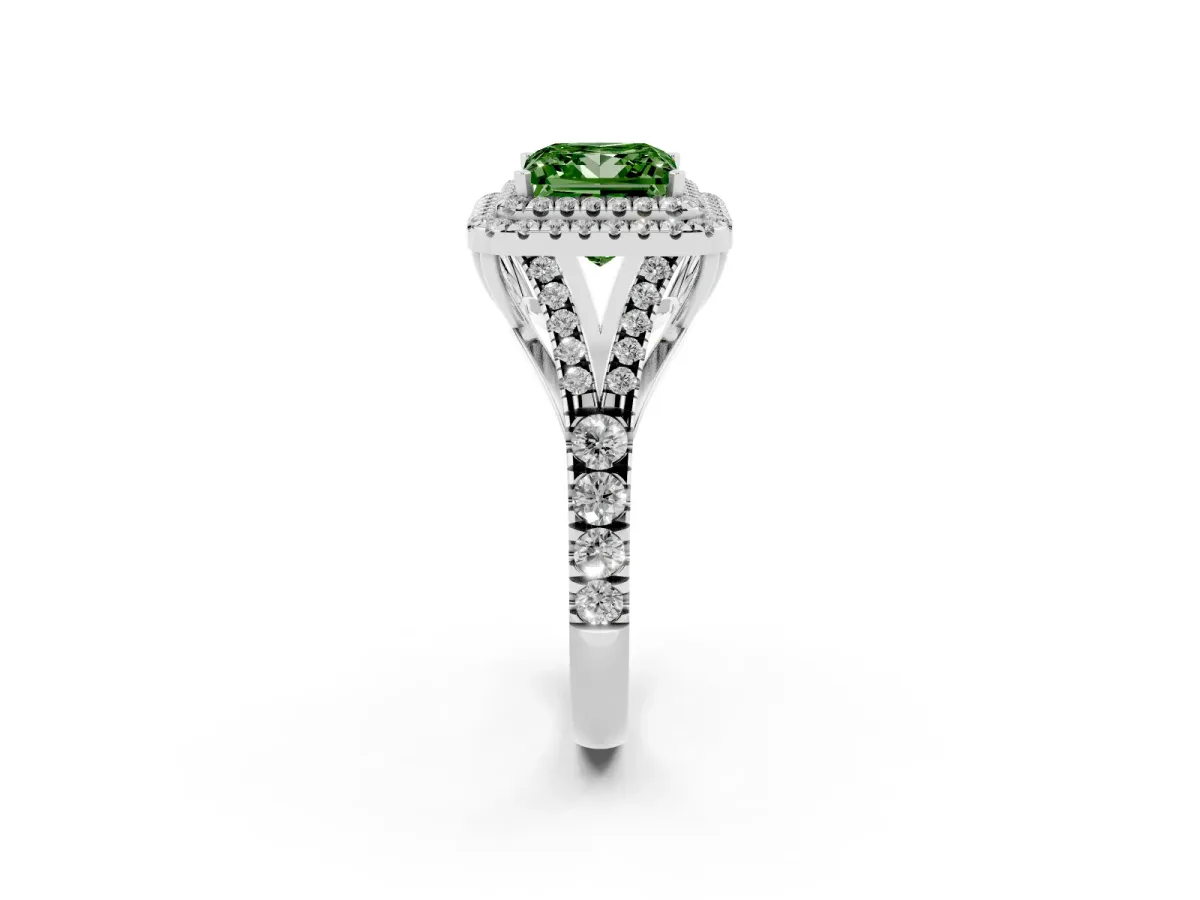 Fancy Green Double Halo Princess Cut Diamond Split Shank Engagement Ring with Four-Prong Setting Silver