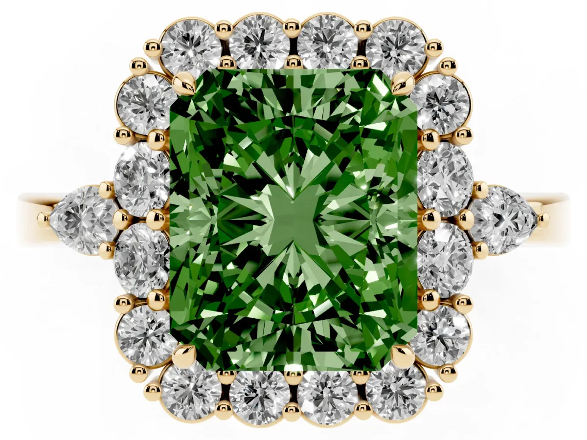 Fancy Green Radiant Cut Diamond Halo Ring with Pear Side Stones and Prong Setting Yellow gold