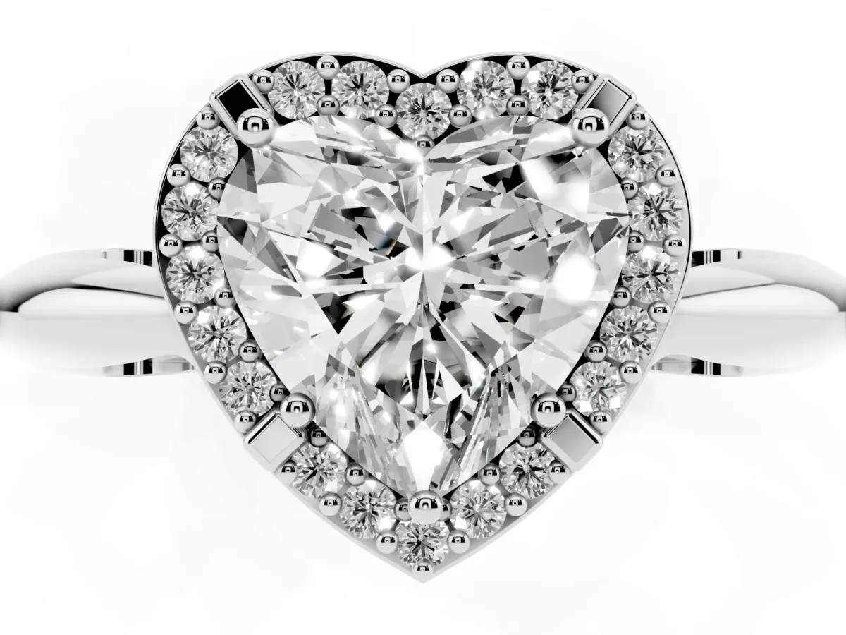 Heart Cut Cut Diamond Halo Engagement Ring with Split Shank and Four-Prong Setting Silver