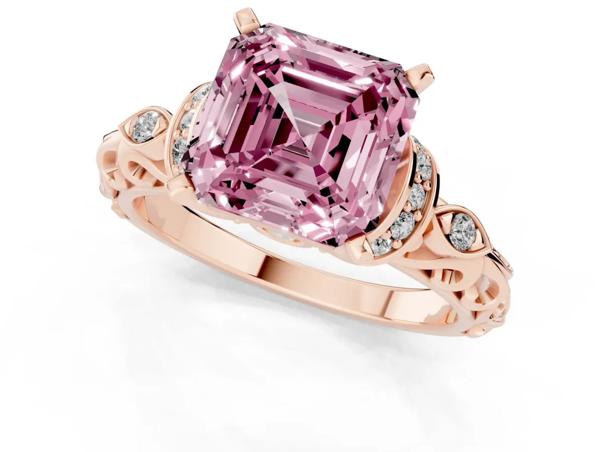 Fancy Pink Asscher Cut Diamond Solitaire Ring with Filigree Band and Four-Prong Setting Rose gold