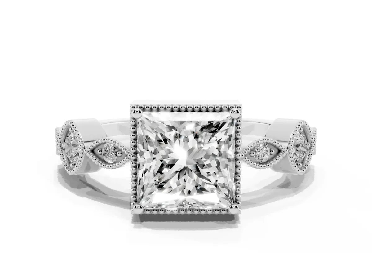 Princess Cut Diamond Vintage Milgrain Ring with Round Stations Silver