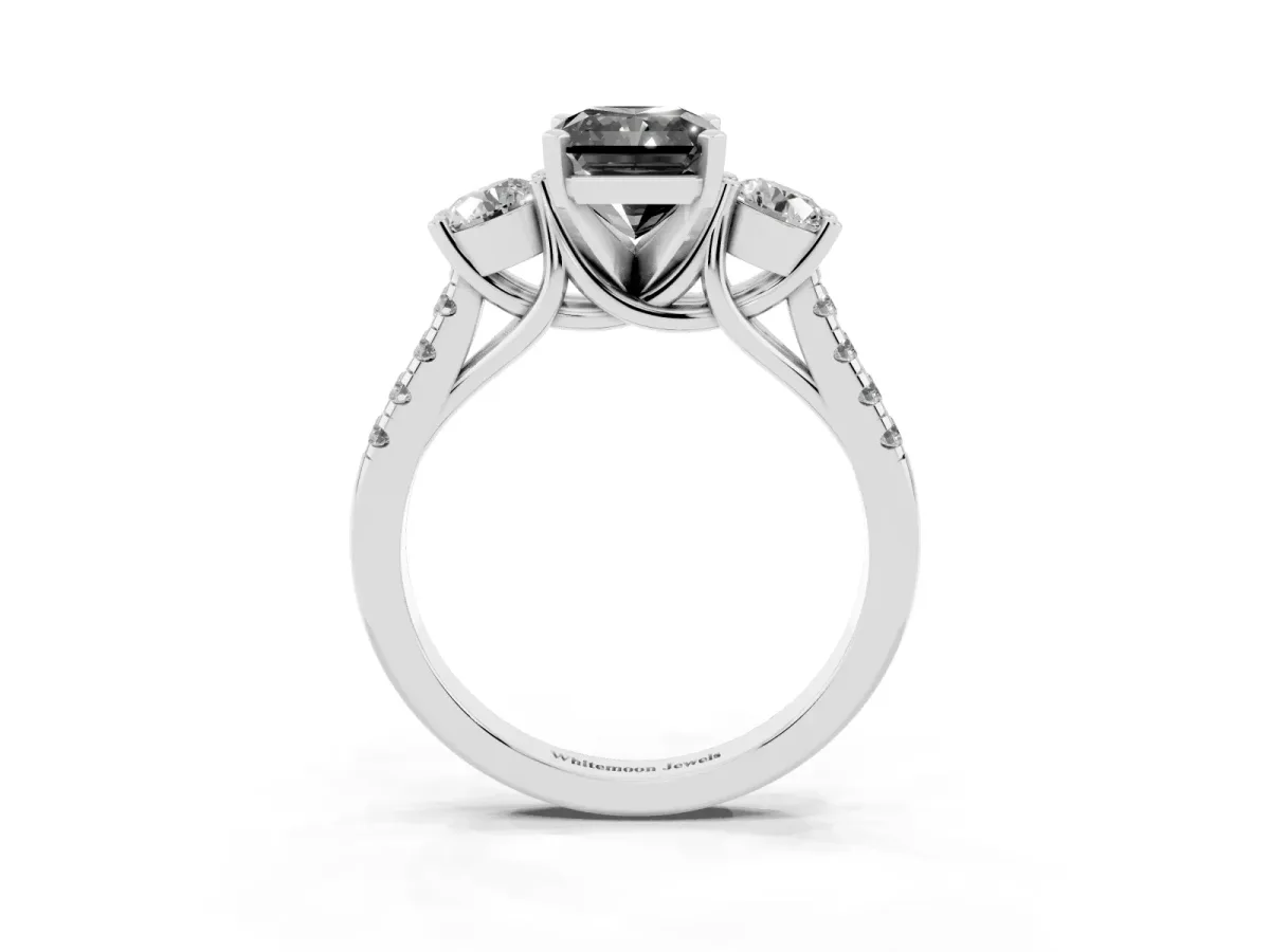 Fancy Black Three-Stone Radiant Cut Diamond Pavé Band with Four-Prong Setting Silver