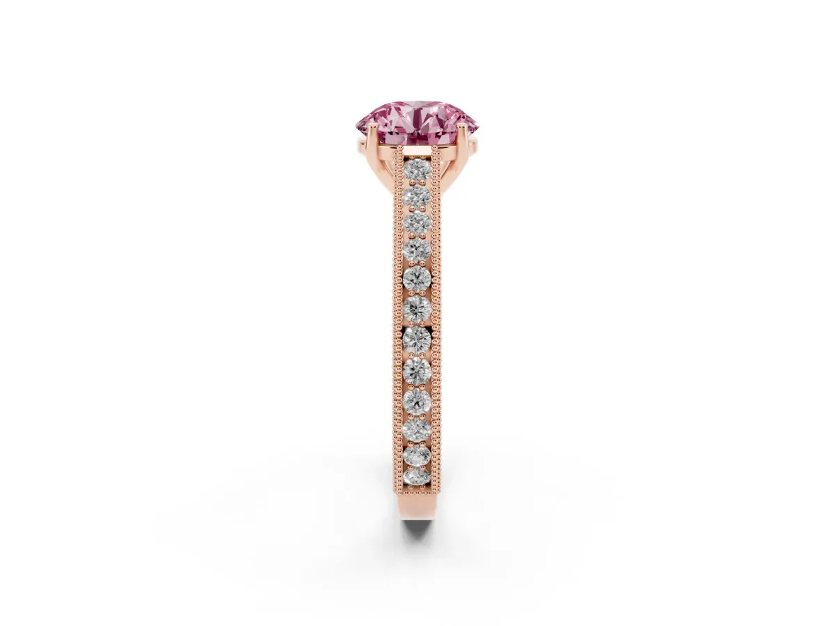 Fancy Pink Round Cut Cut Pave Band Milgrain Solitaire Ring Rose gold