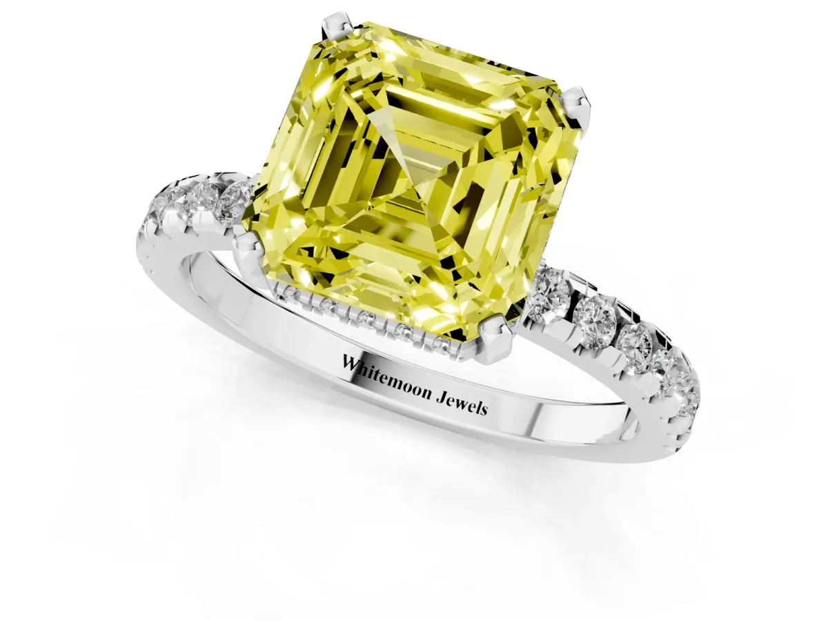 Fancy Yellow Asscher Cut Diamond Solitaire Ring with Round Pavé Band and Four-Prong Setting Silver