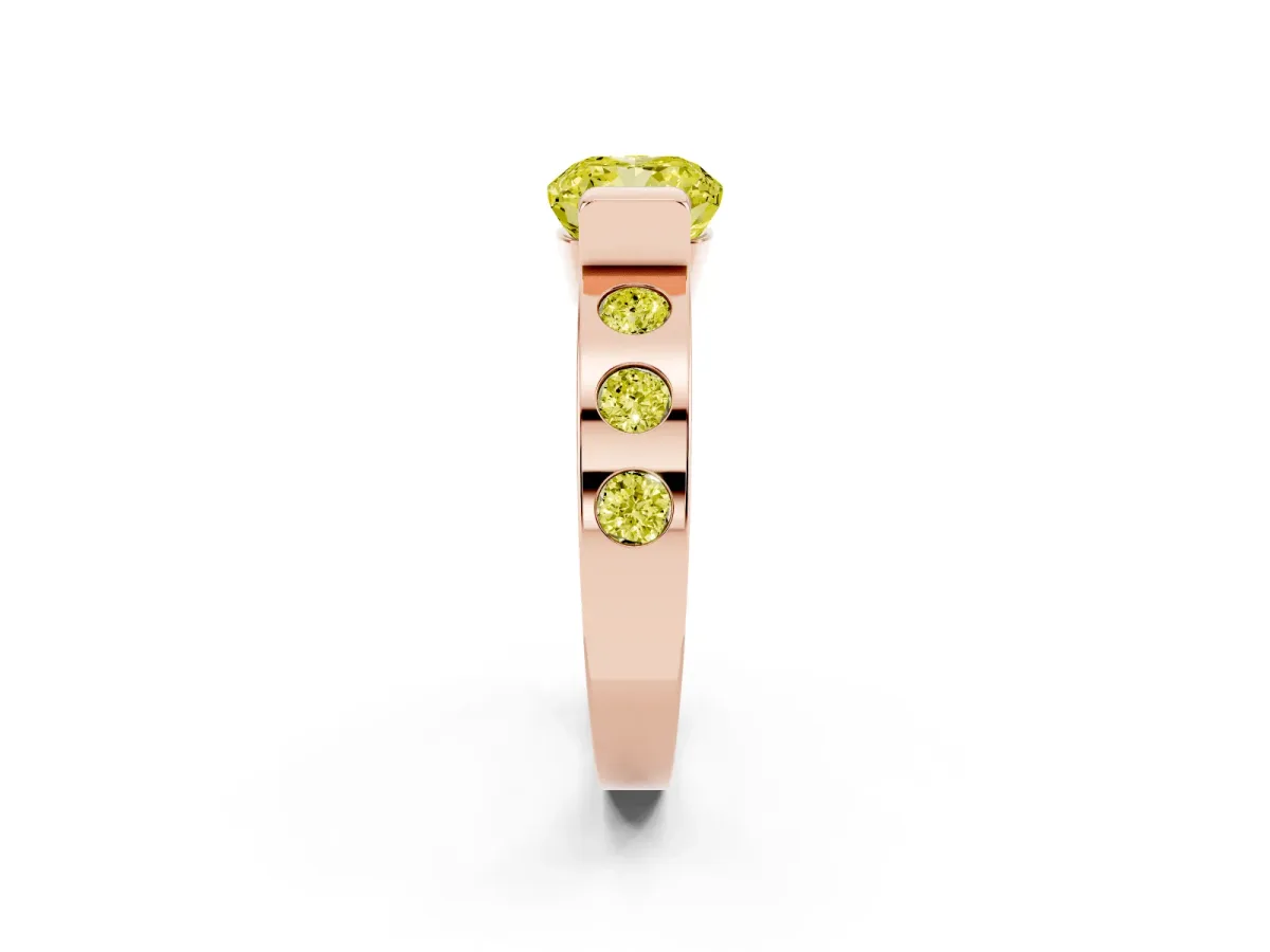 Fancy Yellow Cushion Cut Brilliant Channel-Set Diamond Ring with Bezel Prong Setting Rose gold