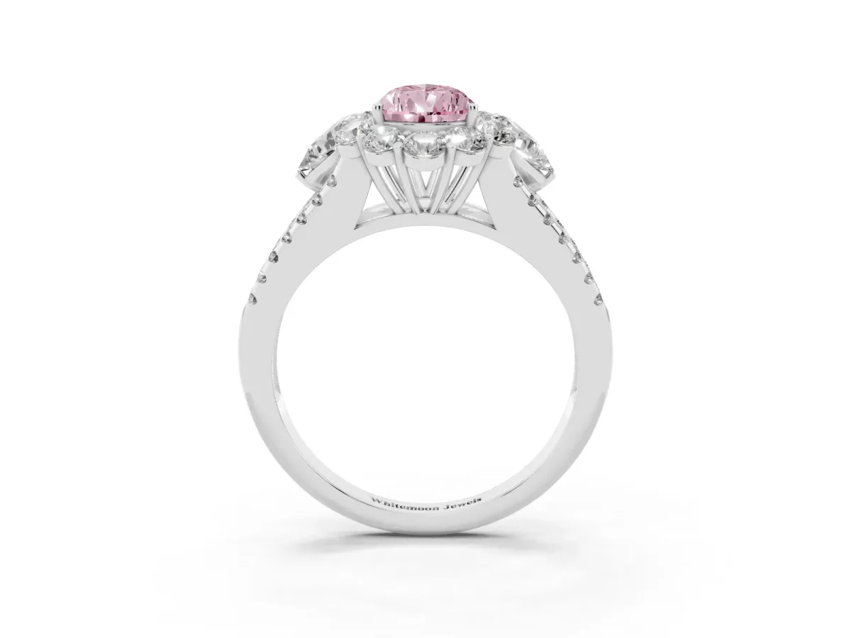 Fancy Pink Pear Cut Halo Split Shank Diamond Engagement Ring with Prong Setting Platinum