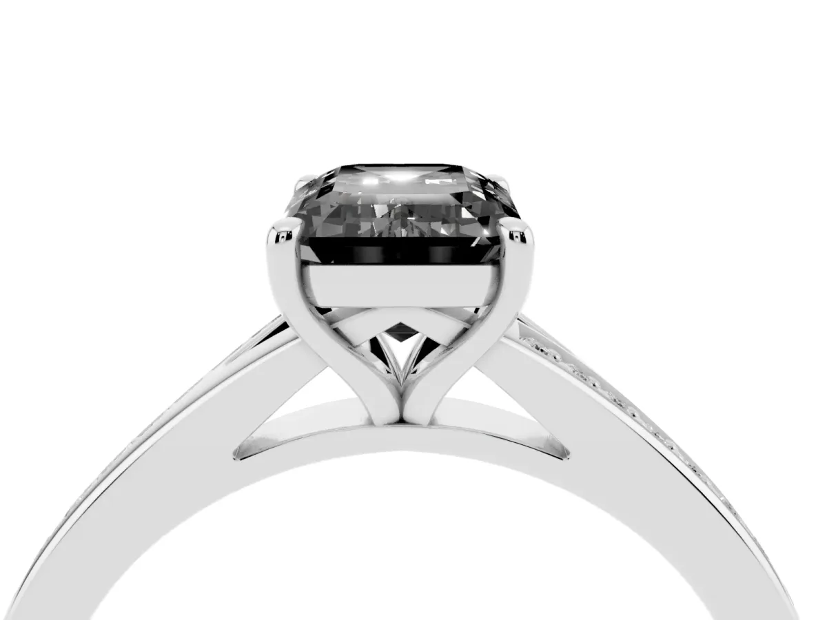 Fancy Black Emerald Cut Diamond Solitaire Ring with Pavé Band and Prong Setting Silver