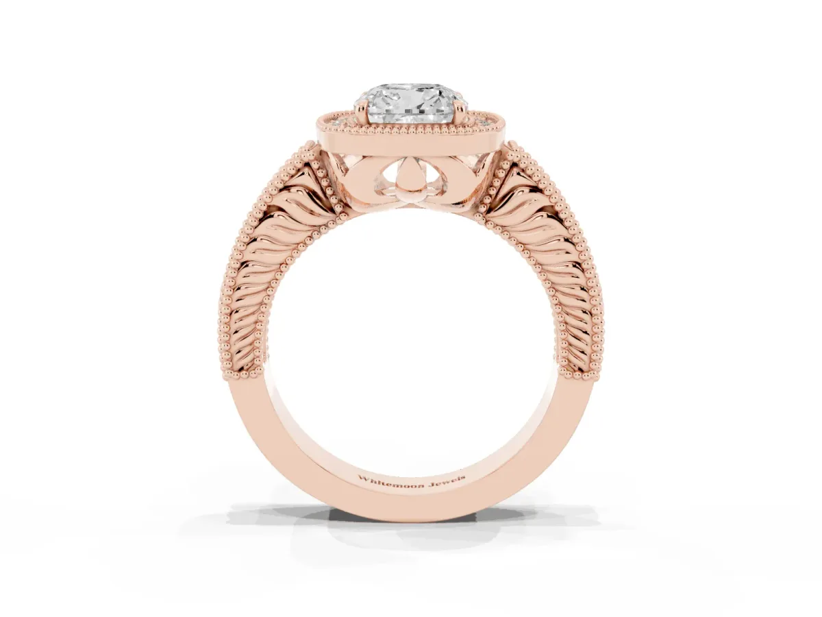 Cushion Cut Cut Halo Diamond Ring with Pavé Band and Four-Prong Setting Rose gold