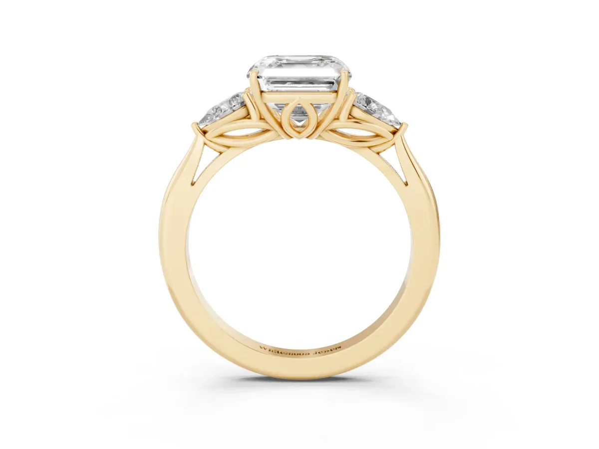 Asscher Cut Diamond Three-Stone Ring with Pear Side Stones and Prong Setting Yellow gold