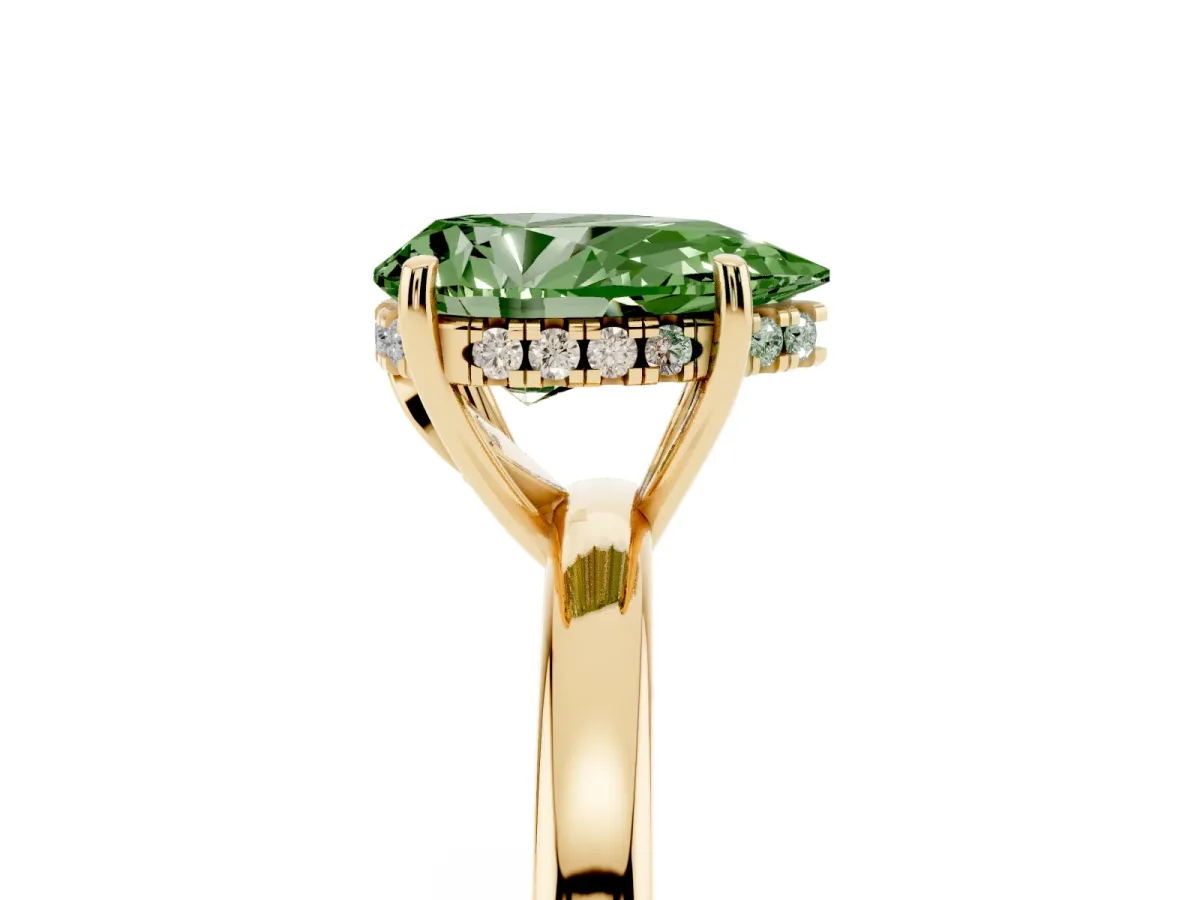 Fancy Green Pear Cut Solitaire Diamond Ring with Prong Setting and Plain Band Yellow gold