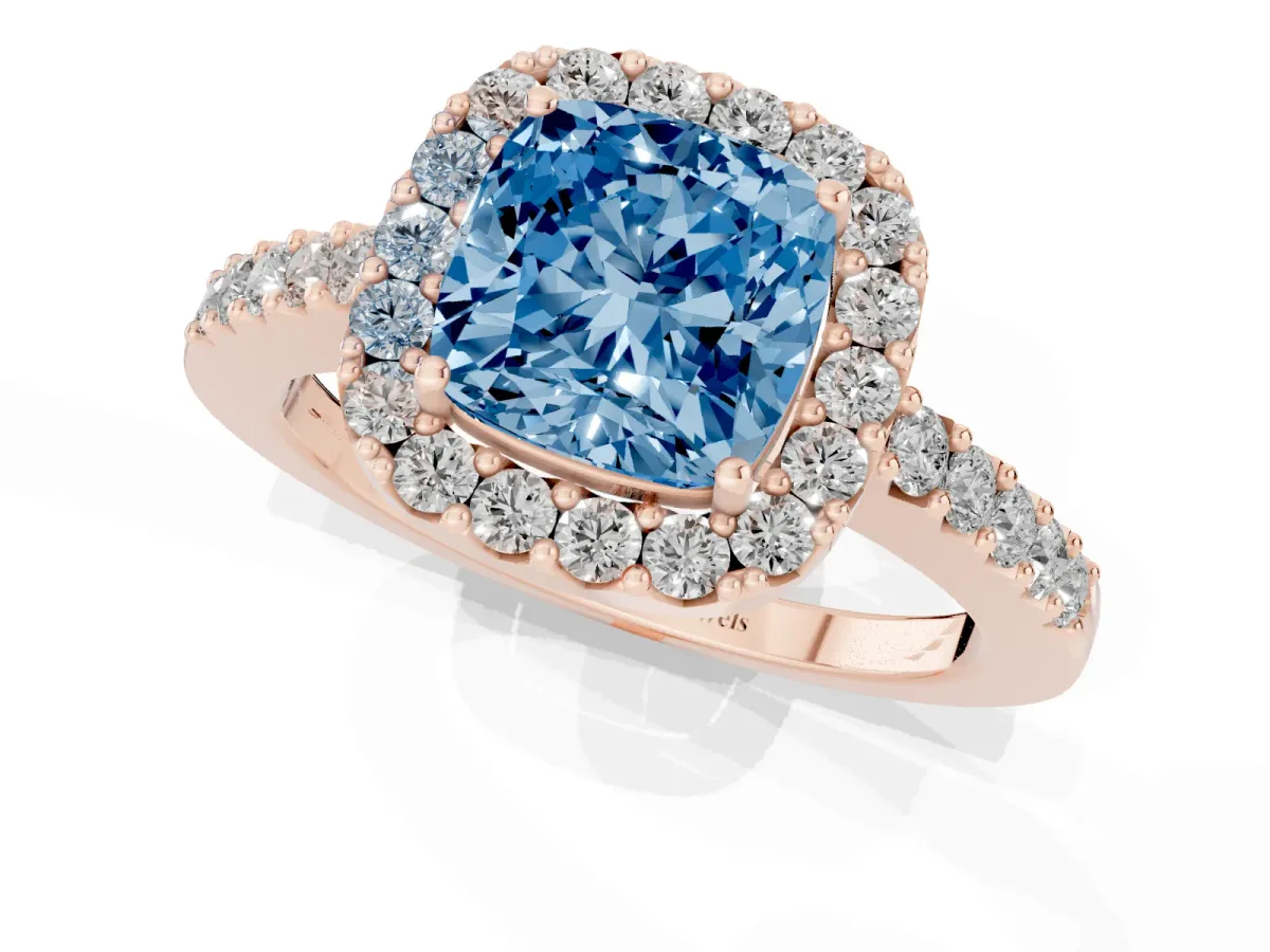 Fancy Blue Cushion Cut Halo Diamond Pavé Solitaire Ring Rose gold