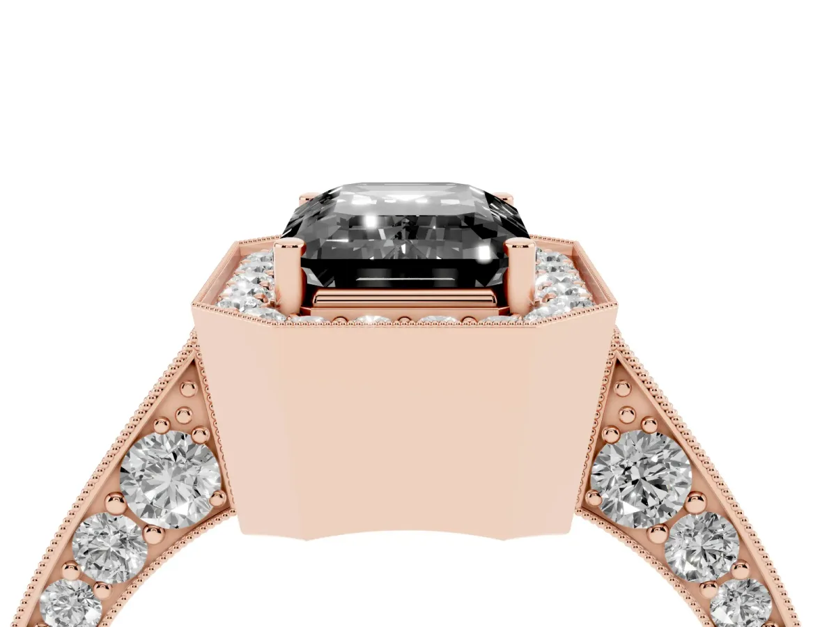 Fancy Black Emerald Cut Halo Diamond Engagement Ring with Split Shank Band and Four-Prong Setting Rose gold