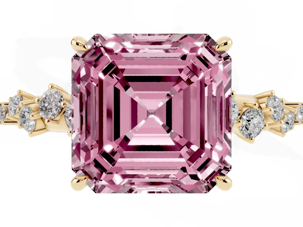 Fancy Pink Asscher Cut Diamond Cluster Side Stone Solitaire Ring with Prong Setting Yellow gold