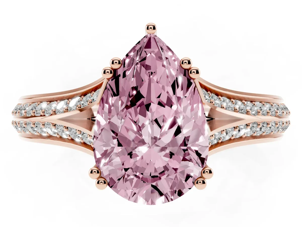 Fancy Pink Pear Cut Diamond Split Shank Engagement Ring with Pavé Band Rose gold