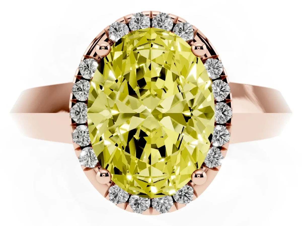Fancy Yellow Oval Cut Halo Diamond Ring with Cathedral Band and Four-Prong Setting Rose gold