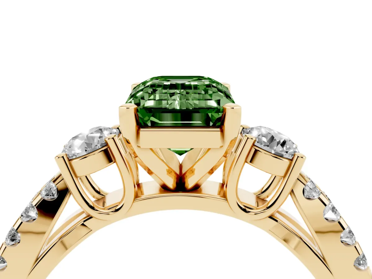 Fancy Green Emerald Cut Diamond Three-Stone Ring with Pavé Split Shank and Four-Prong Setting Yellow gold