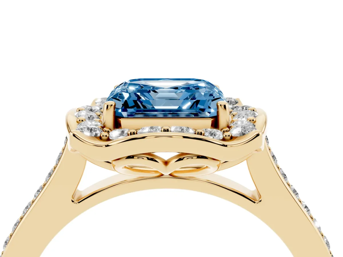 Fancy Blue Asscher Cut Halo Round Diamond Pave Band with Four-Prong Setting Yellow gold