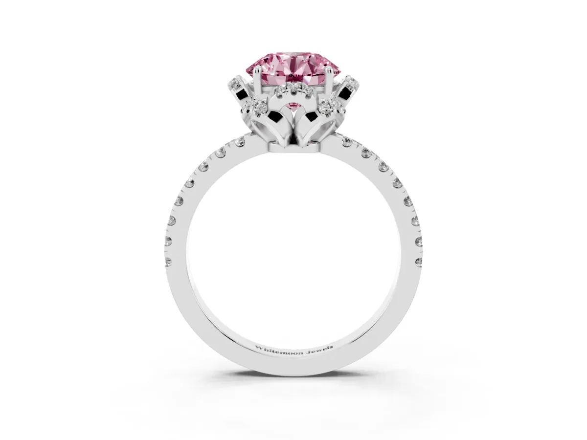 Fancy Pink Round Cut Halo Diamond Pave Band Ring with Four-Prong Setting Silver