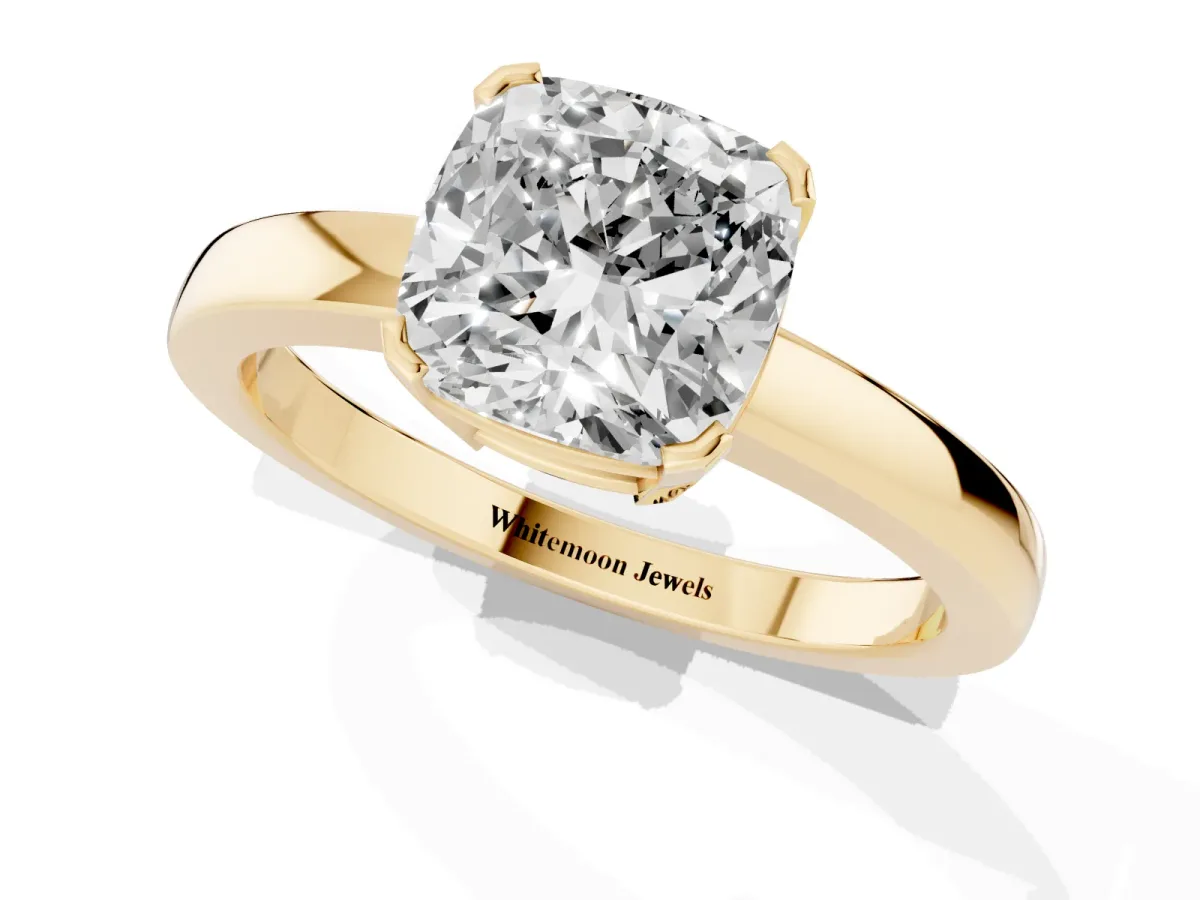 Cushion Cut Cut Solitaire Ring with Four-Prong Setting and Classic Band Yellow gold