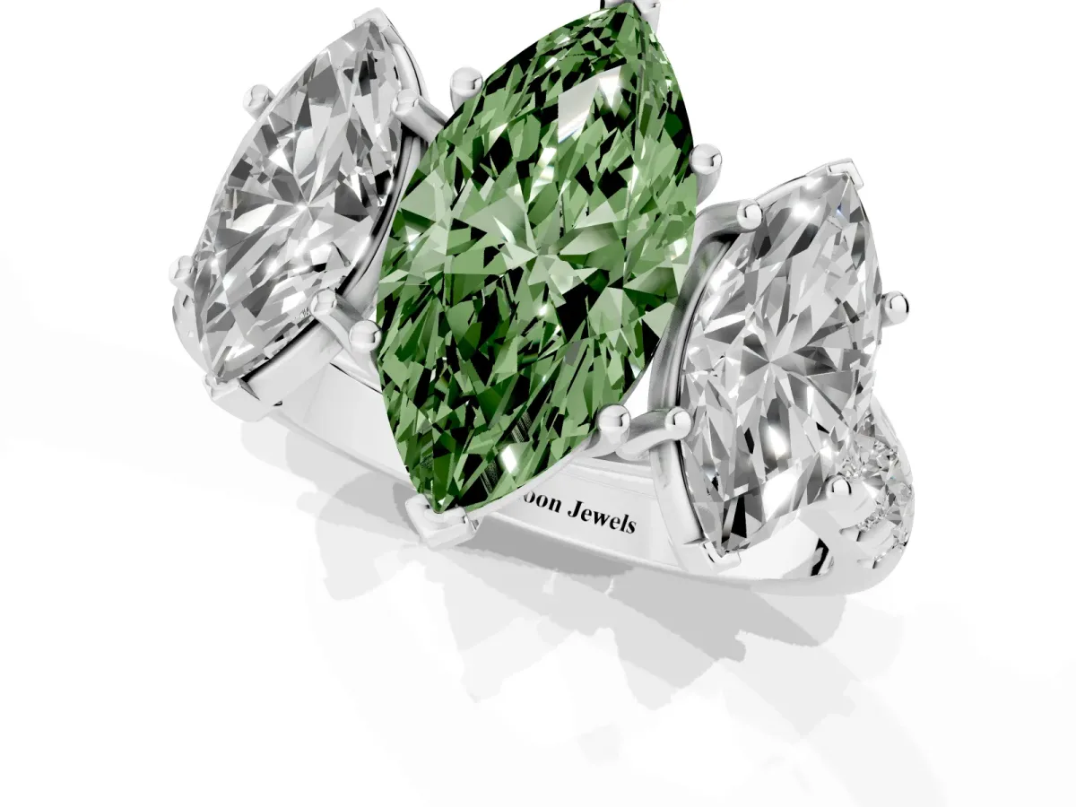 Fancy Green Three-Stone Marquise Cut Diamond Pavé Band with Prong Setting Silver