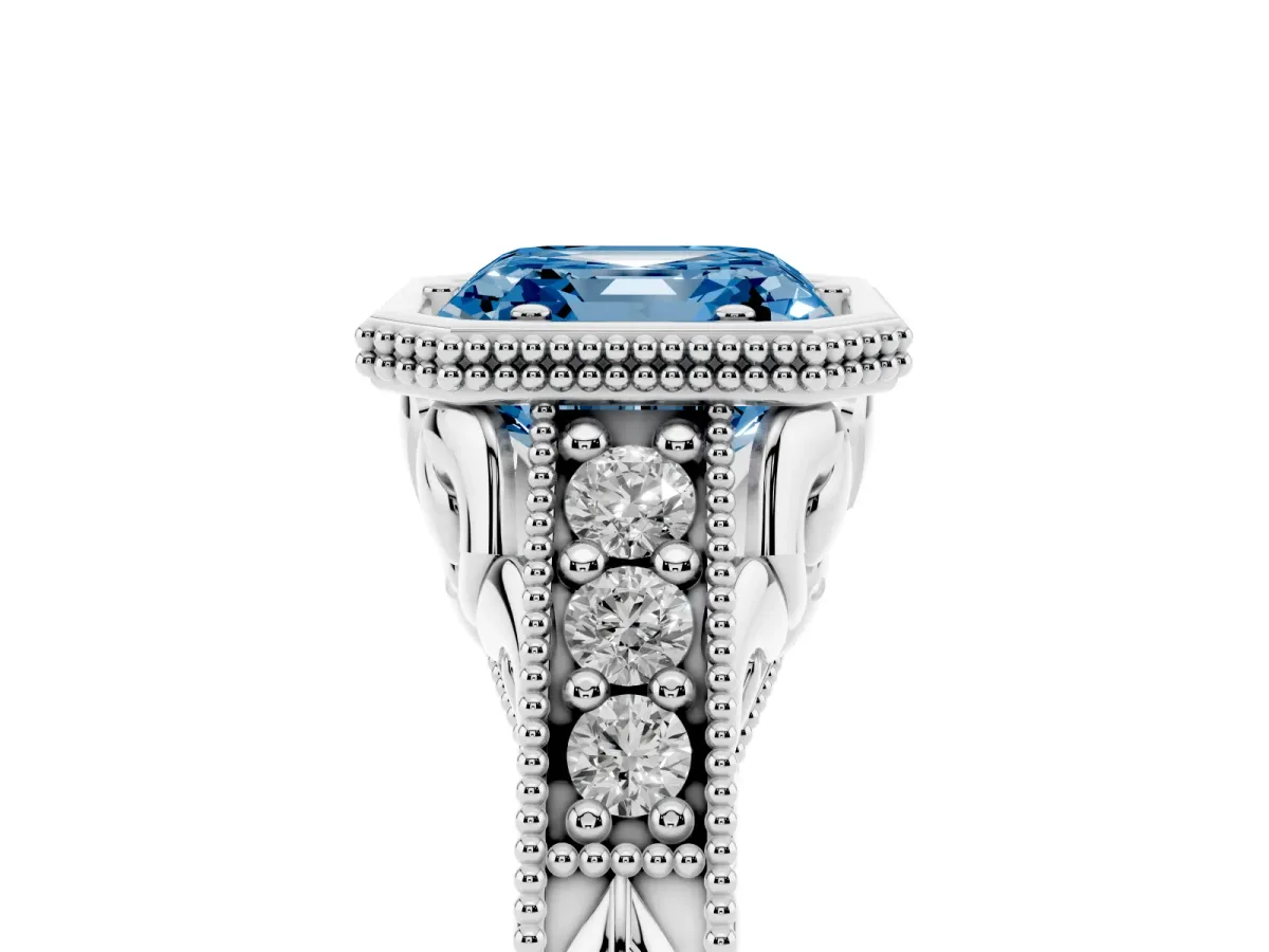 Fancy Blue Bezel Set Asscher Cut Diamond Milgrain Pave Engagement Ring White gold