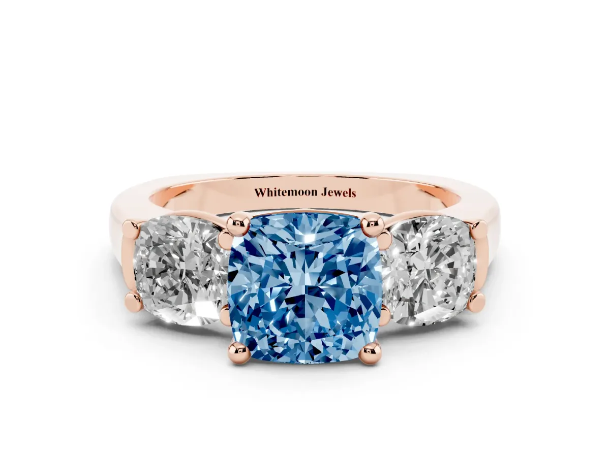 Fancy Blue Three-Stone Cushion Cut Brilliant Diamond Trellis Ring with Comfort Fit Band Rose gold