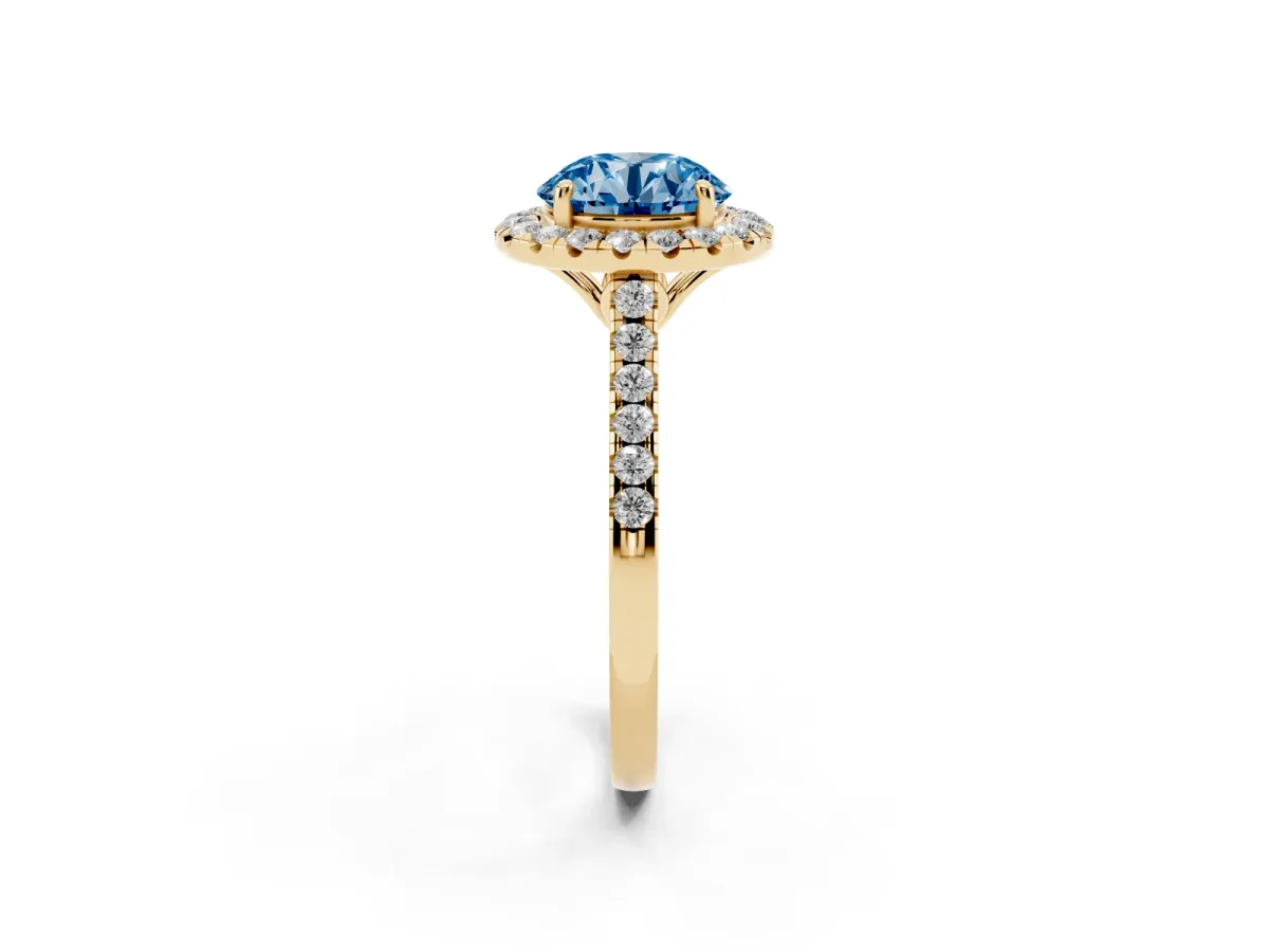 Fancy Blue Round Cut Halo Pavé Diamond Engagement Ring with Four-Prong Setting Yellow gold