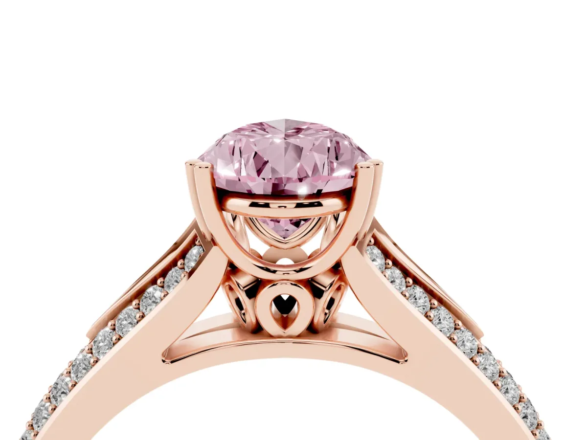Fancy Pink Pear Cut Diamond Split Shank Engagement Ring with Pavé Band Rose gold