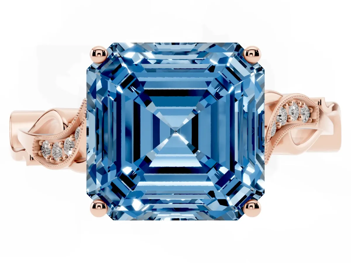 Fancy Blue Asscher Cut Solitaire Vine Band with Milgrain Prong Setting Rose gold