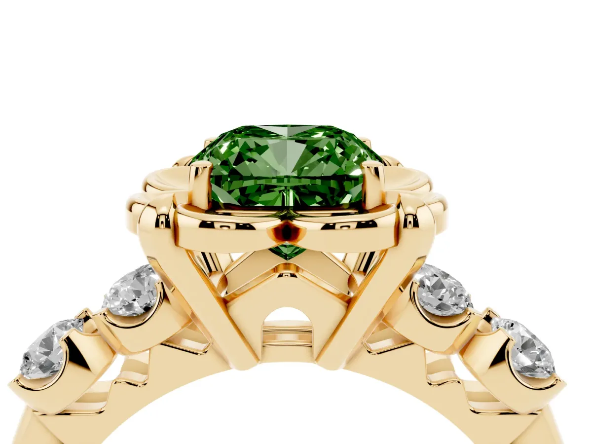 Fancy Green Cushion Cut Cut Diamond Floral Halo Engagement Ring with Shared Prong Setting Yellow gold