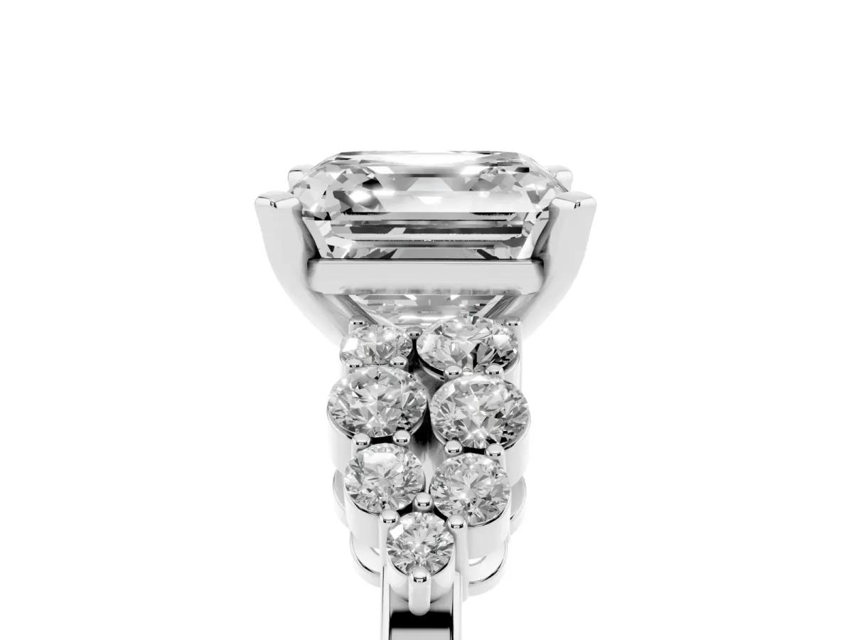 Asscher Cut Cluster Diamond Engagement Ring with Pavé Band and Four-Prong Setting Silver