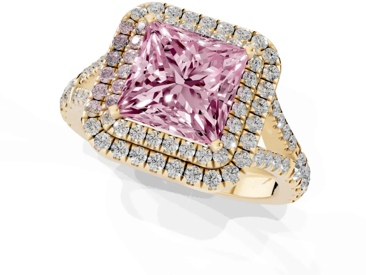 Fancy Pink Princess Cut Diamond Double Halo Ring with Split Shank and Prong Setting Yellow gold