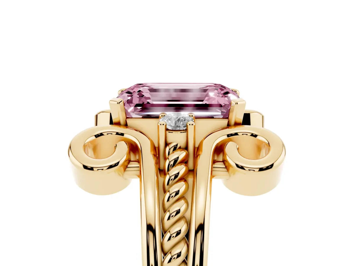 Fancy Pink Emerald Cut Solitaire Twisted Band Scroll Prong Ring Yellow gold
