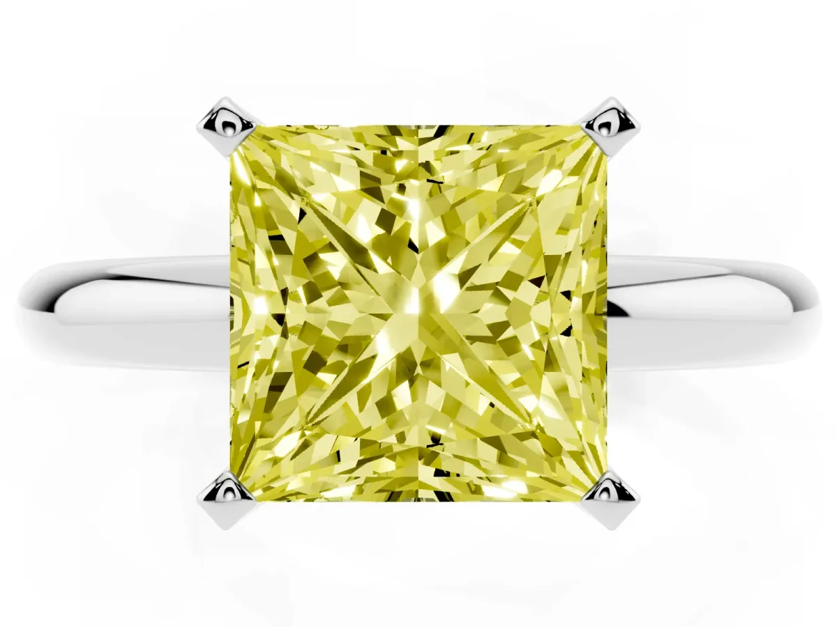 Fancy Yellow Princess Cut Diamond Solitaire Engagement Ring with Round Band and Four-Prong Setting Platinum