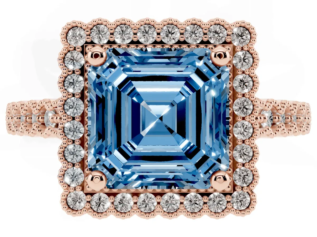 Fancy Blue Asscher Cut Cut Halo Pavé Solitaire Ring with Milgrain Band Rose gold