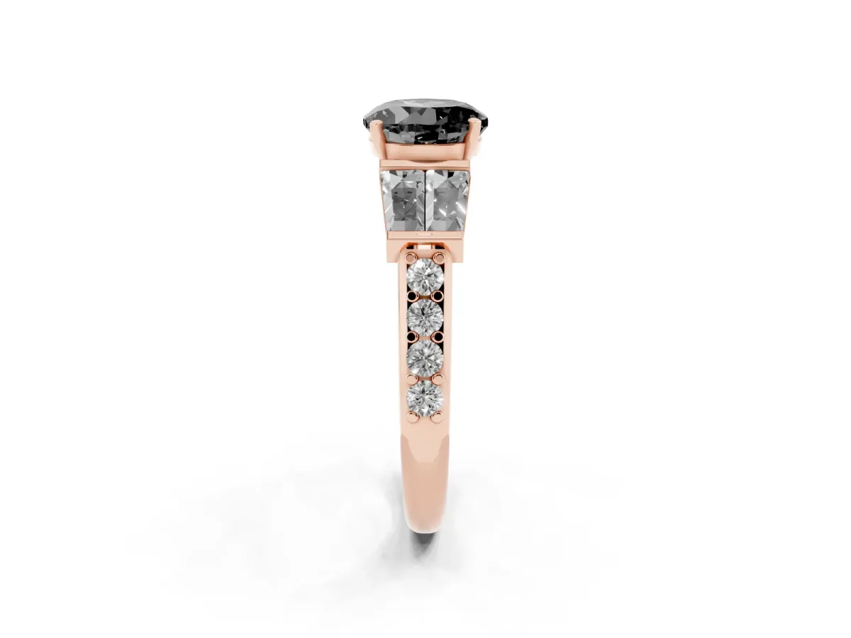 Fancy Black Round Cut Diamond Engagement Ring with Baguette Side Stones and Channel Set Band Rose gold