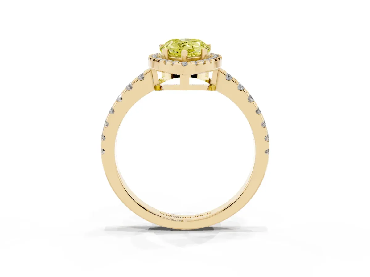 Fancy Yellow Pear Cut Diamond Halo Ring with Pavé Band and Four-Prong Setting Yellow gold