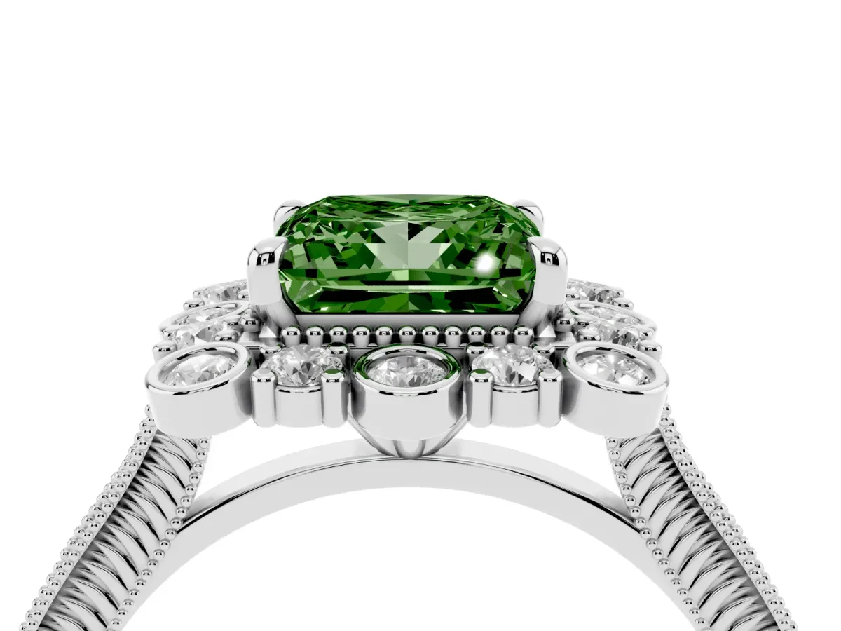 Fancy Green Princess Cut Halo Milgrain Pave Diamond Ring with Four-Prong Setting Silver