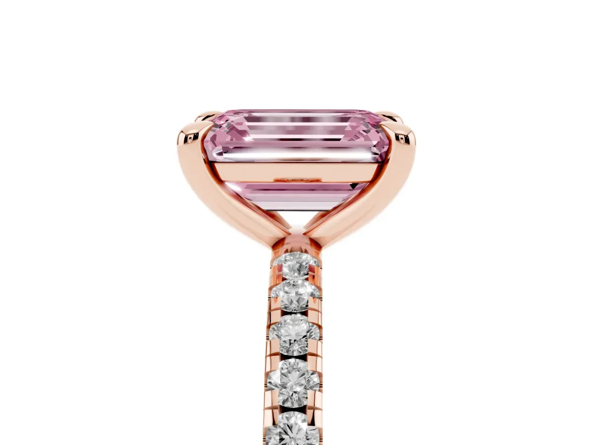 Fancy Pink Emerald Cut Diamond Brilliant Solitaire Ring with Pavé Band and Four-Prong Setting Rose gold